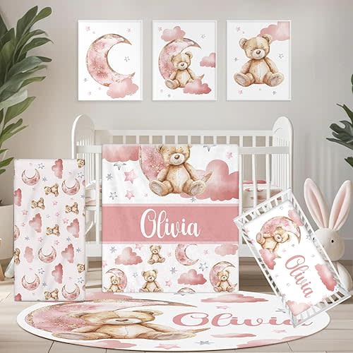 Personalized Pink Crib Bedding Set for Girls, 5 Pcs Custom Name Toddler Bed Set with Flannel Blanket, Moon Bear Baby Bedding Set for Boy, Girl Nursery Decor Customized Gifts for Infants Babies