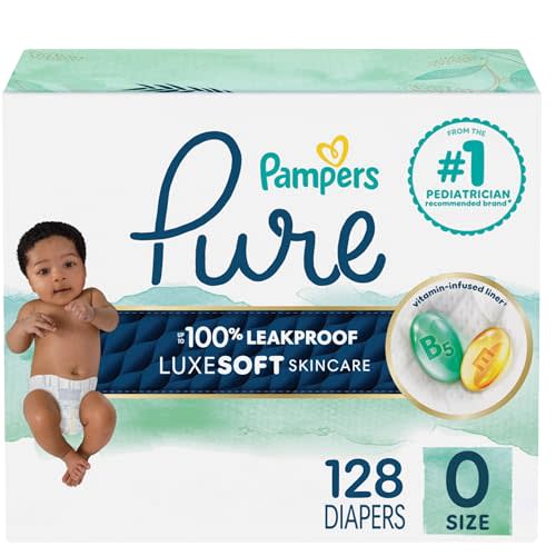 Pampers Pure Protection Baby Diapers, Size 0 (10 lbs ), 128 Count, Up to 100% Leakproof, Premium Plant-based Skin Protection, Hypoallergenic Soft Diapers