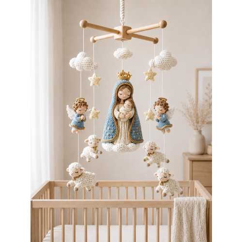 Crochet Virgin Mary Baby Mobile, Catholic Nursery Decor, Baby Jesus Angel Lamb Crib Mobile, Baptism Baby Shower Gift