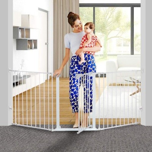 GOTGELIF Baby Safety Gate 80" Extra Wide Playard 3 Panels Hardware Mount Auto Close White