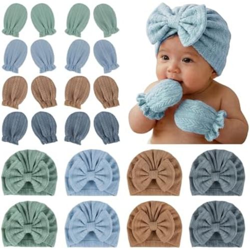 8 Sets Newborn Baby Hats & Mittens Cotton Preemie Infant Bow Beanies Caps Gloves Hospital New Born Boy Girl 0-3 Month