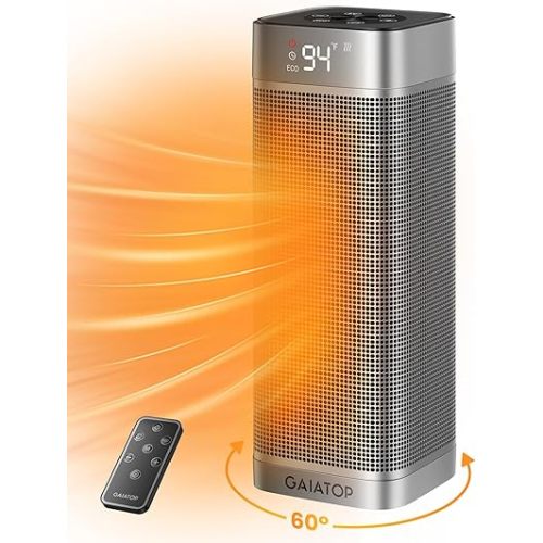Gaiatop Space Heaters for Indoor Use, Portable Electric Heater with Thermostat, 1500W PTC Ceramic Room Heater with Remote, 5 Modes, 60° Oscillating, 12H Timer Fast Heating Bedroom Office Bathroom Home