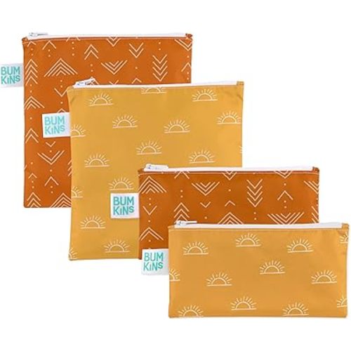 Bumkins Lot de 4 sacs à sandwich et collation réutilisables, pour le déjeuner scolaire des enfants et pour adultes, tissu lavable, sac à fermeture éclair, pochette de voyage, rangement de qualité