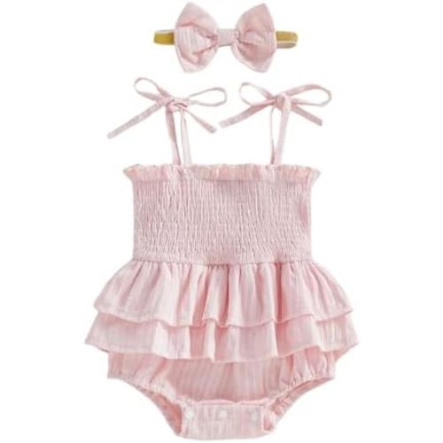CIYCUIT Baby Girls Summer Outfits Sleeveless Onesie Plaid Solid Ruffled Romper Dress with Headband Cute Smocked Clothes
