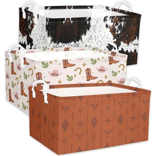 3 Pcs Western Bull Boho Rectangle Storage Basket Collapsible Highland Cow Storage Bin for Nursery Toys Books Waterproof Baskets for Closet Shelves Bedroom Decor(Cow)