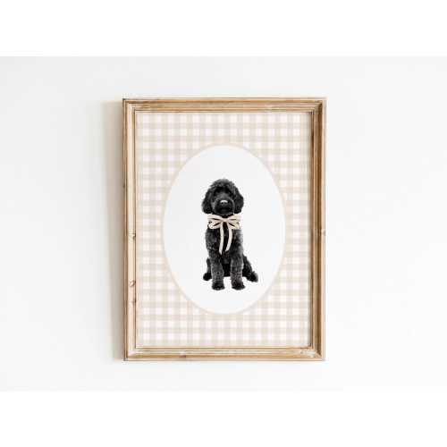 Black Golden Doodle Nursery Decor, Watercolor Dog Print, Neutral Nursery, Boy Gingham Wall Print, Tan Beige Bow Art, Girl Doodle Nursery