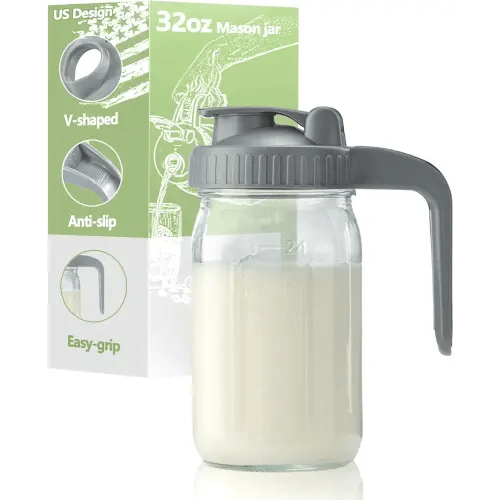 32oz Glass Pitcher with Lid & V-shaped Pour Spout - 1 Quart Breastmilk Pitcher Double Leak Proof, Creamer Container for Sun Tea, Juice, Cold Brew Coffee, Breastmilk Storage Container