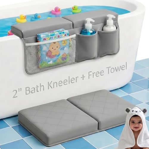 2inch XL Baby Bath Kneeler and Elbow Rest Pad Set + Hooded Towel - Embroidered Kneeling Pad for Bathing Baby - Dual-Layer Memory Foam Bathtub Kneeler and Elbow Rest Set