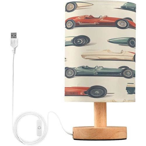 Race Cars Vintage LED Table Lamp with USB Port Night Light Bedroom Lamps for Nightstand Living Room Dorm Home Office Desk
