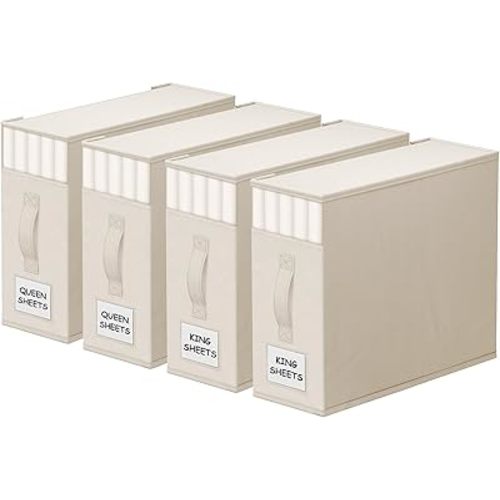 StorageTastic 4 Pack Bed Sheet Closet Organizers and Storage,Sturdy Foldable Storage Containers with Window and Label,Storage and Organization for Bedding Sheets,Duvet Covers,Blankets (Beige)