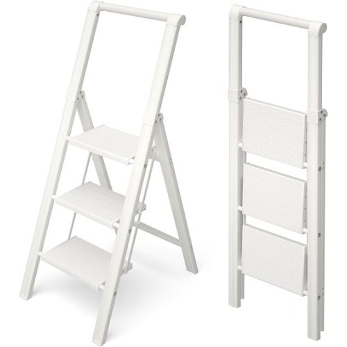 Aluminum 3 Step Ladder, Step Stool Foldable Ladder(White)