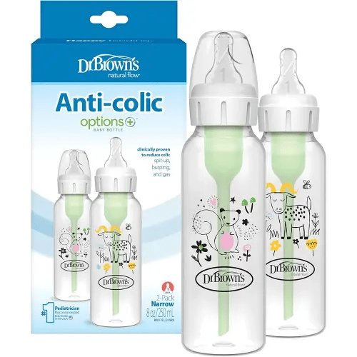 Dr. Brown's Natural Flow Anti-Colic Options+ Narrow Baby Bottle, Squirrel & Goat, 8 oz/250 mL, with Level 1 Slow Flow Nipple, BPA Free, 0m+, 2-Pack