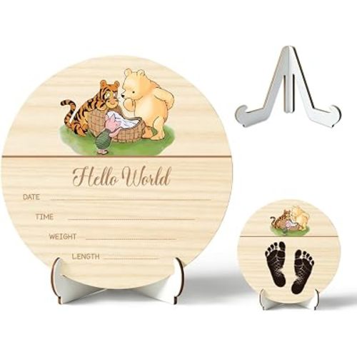 Winnie Baby Announcement Sign, Wooden Newborn Birth Sign, The Hello World Name Sign for Hospital, Gift for New Mom Baby Shower, Birth Name Plaque, Nursery Decor 1