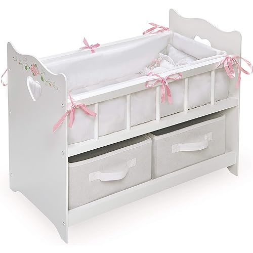 Badger Basket Wooden Doll Bed with Storage Baskets & Pillows - White/Rose | Fits 18–20" dolls; includes bedding, 2 storage baskets, wood construction & personalization decal kit.
