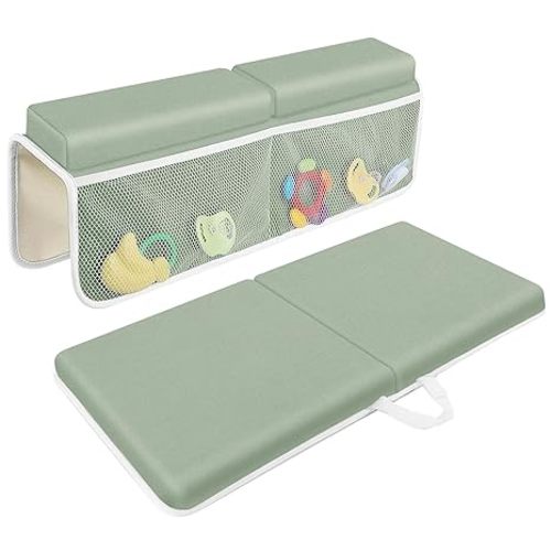 JJGoo Bath Kneeler with Elbow Rest Pad Set, 1.5 inch Kneeling Pad Mat for Bathtub Baby Bathing Parents, Painless Foam Mat with Toy Organizer Pockets, Non-Slip for Baby and Toddler Bathing