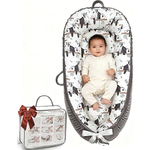 Baby Lounger-Breathable and Soft Organic 100% Cotton, Portable Infant Lounger with Removable Lounger Cover, Baby Nest Lounger for Newborn - Grey Panda