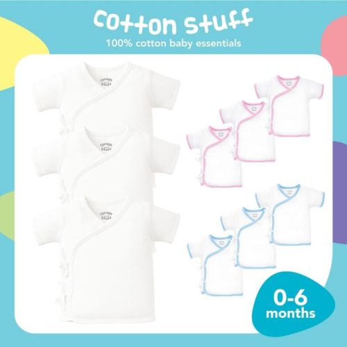 Cotton Stuff 3pcs Short Sleeve Tie-Side Shirt | 100% Cotton Baby Top | White Newborn Baby Clothes