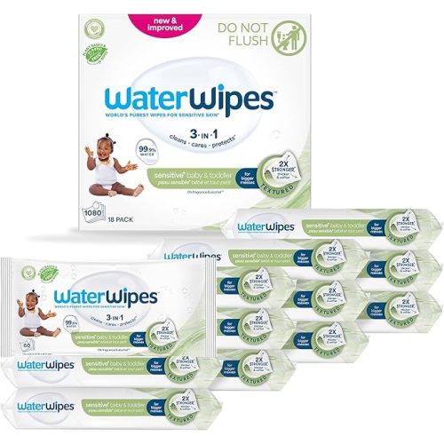 WaterWipes Sensitive+ Baby & Toddler Wipes, 3-In-1 Cleans, Cares, Protects, 99.9% Water, Textured Clean, Unscented & Hypoallergenic, 1080 Count (18 Packs)