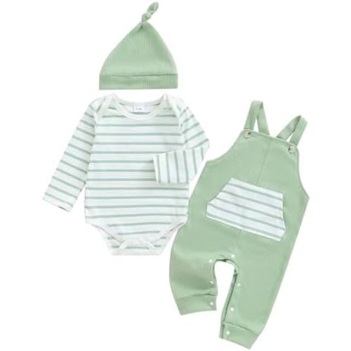 LAGKIYOJ Newborn Baby Boy Summer Clothes Stripe Rompers Suspender Pants Hat Cute Coming Home Outfit 0 3 6 9 12 18 Months