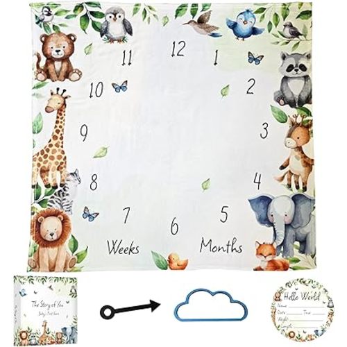 Daisa GM Baby Monthly Milestone Blanket Unisex 45"x45", with Baby Memory Book an Arrow and a Small Cloud, a Wooden Announcement Sign, Milestone Blanket.
