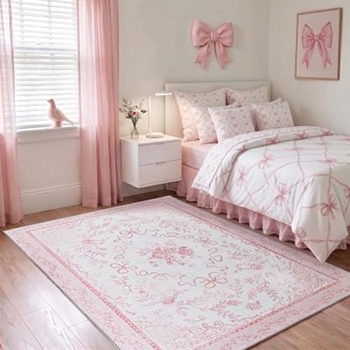 5x8 Pink Rug for Girls Room, Bow Decor Flower Area Rugs for Bedroom Girls, Washable White and Light Pink Scalloped Cute Boho Vintage Carpet for Teen and Kids Girl