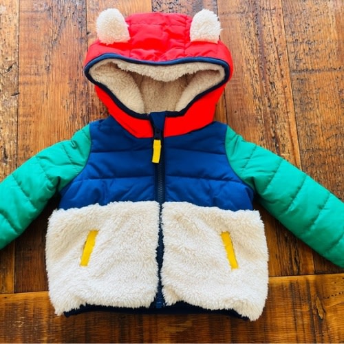 Boden Colorblock Teddy-Lined Hooded Jacket in Red, Navy, Teal, Cream