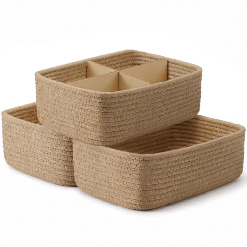 3 Pack Small Baskets for Organizing, Woven Storage Baskets for Shelves | 11.8x7.8x3.8 in Cotton Rope Baskets, Toy Baskets Storage Kids, Basket Organizer, for Living Room, Bedroom, Nursery, Mix Brown