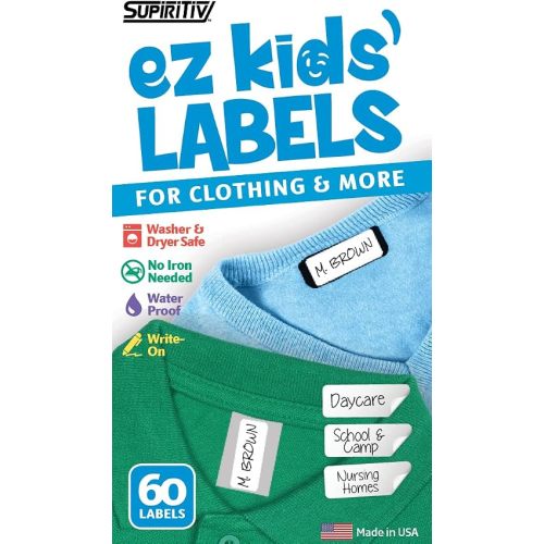 Ez Kids Clothing Labels Self-Stick No-Iron Write-On | Great for Children & Adults | Washer & Dryer Safe | School, Camp, Nursing Care, Toys, Organizing, All Purpose (60-Pack)