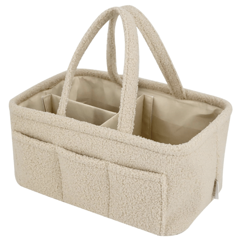 YelloIris Baby Diaper Caddy Organizer – Soft Beige Sherpa with 3 Removable Compartments & 6 Side Pockets – Perfect Nursery Storage Bin & Car Organizer for Diapers, Baby Wipes, and Essential Supplies.