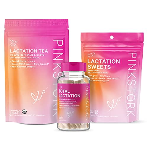 Pink Stork Nursing Bundle: Lactation Supplements for Breastfeeding Women, Fenugreek Lactation Tea + Sweets, Supports Breast Milk Supply + Flow, Milk Thistle + Anise, Postpartum Essentials, Women-Owned
