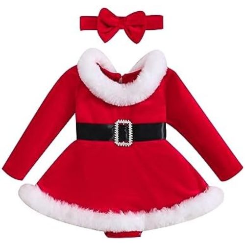 Baby Girl Christmas Dress Santa Claus Romper Dress Red Velvet Long Sleeve Princess Tulle Dress with Headband
