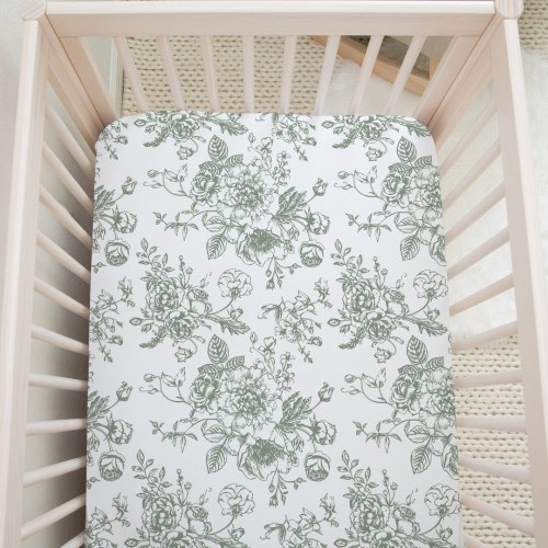 Sage Green Toile Crib Sheet Green Floral Crib Sheet Girls Baby Bedding Vintage Floral Crib Sheet Fitted Traditional Classic Floral Nursery