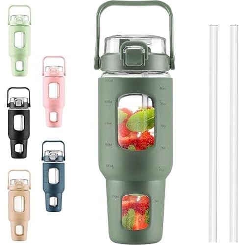 BLUEGO 40 oz Glass Water Bottles with Straw Time Marker, Glass Tumbler with Handle Top Lids, Easy to Clean, Fits in Car Cup Holder, Leakproof Jug for Gym, Sports, Workout & Daily, 02 Olive