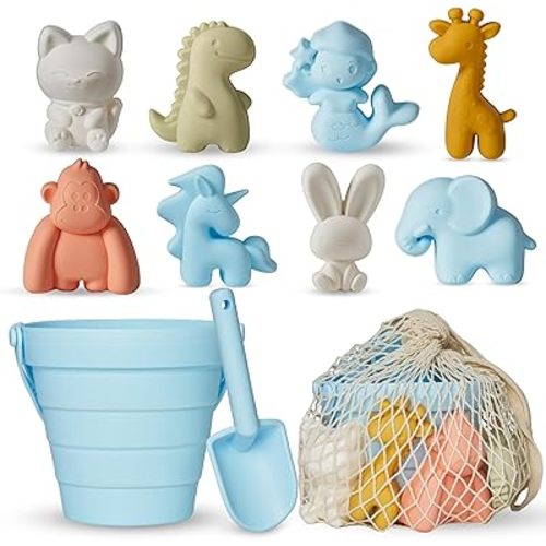 MarcZero 11Pcs Silicone Beach Toys,Collapsible Sand Bucket,Modern Baby Beach Toys,Travel Friendly Beach Set,Silicone Bucket,Shovel,Sand Molds, Beach Bag,Silicone Sand Toys for Toddlers, Kids (Blue)
