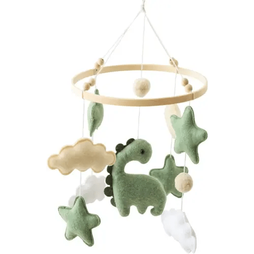 Soft Green Dinosaur Theme Baby Mobile for Crib, Simple Crib Bell for Boys and Girls,Handmade Felt Clouds Nursery Ceiling Decoration,Easy to Install Cotton Animal Charms for Bassinet