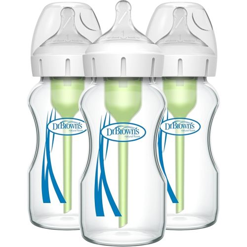 Dr. Brown's Natural Flow Anti-Colic Options+ Wide-Neck Glass Baby Bottles 9 oz/270 mL, with Level 1 Slow Flow Nipple, 3 Pack, 0m+