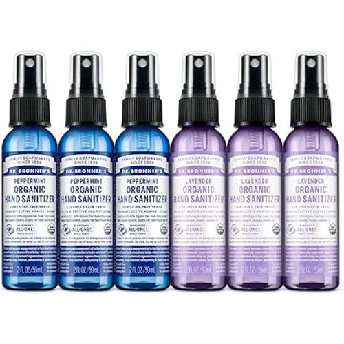 Dr. Bronner's Organic Hand Sanitizer Spray Variety Pack Travel Size Bulk, Simple & Effective Formula, Scented, No Harsh Chemicals - Lavender & Peppermint, 2oz (6-Pack)