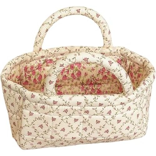 Small Storage Basket Organizer, Mini Fabric Floral Storage Baskets with Handle, Quilted Portable Collapsible Storage (P)