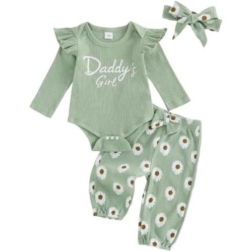 Tsnbre Newborn Baby Girl Fall Outfit Daddys Girl Romper Daisy Pants Set