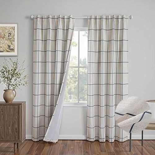 MYSKY HOME 100% Blackout Navy Blue Plaid Farmhouse Linen Curtains 84 Inch Long 2 Panels Set Double Layer Windowpane Drapes Thermal Insulated Privacy Protection Living Room Back Tab, 52" W