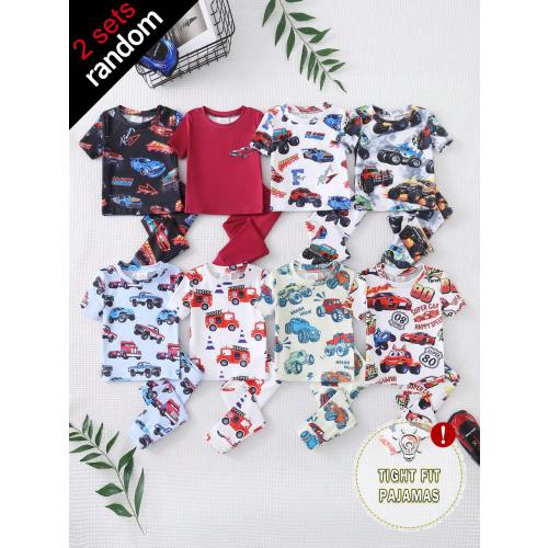 [8 Sets Randomly Send 2 Sets]Baby Boys Pajamas Cute Car Print Short Sleeve Long Pants Knit Comfortable Soft Snug Fit Sleepwear Loungewear Set