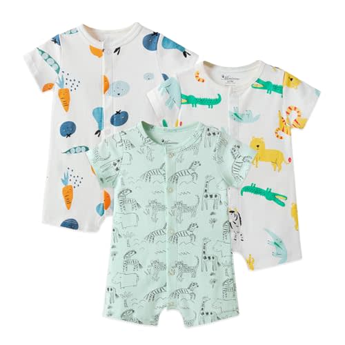3-Pack 100% Cotton Baby Boy Rompers,0-24Months Short Sleeve Toddler Romper,Breathable Spring/Summer Clothes
