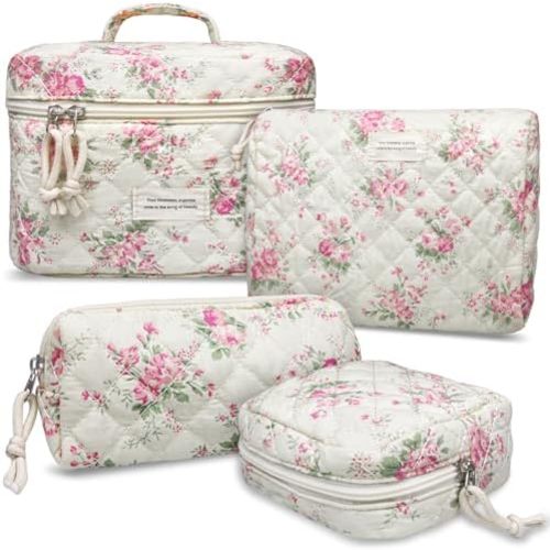 VIWIME Makeup Cosmetic Bag, Large Cotton Quilted Travel Coquette Aesthetic Cute Floral Make up Bag for Women Toiletry Bag Organizer (207- Pink Flower)