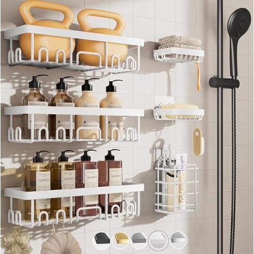 Veken 6-Pack Rustproof&Waterproof Shower Caddy, Adhesive Shelves Rack with Soap Holder, Large Bathroom & Washroom Organizer, No Drilling Wall-Mounted Kitchen&Home Decor,Ideal for Bathtub Storage,White