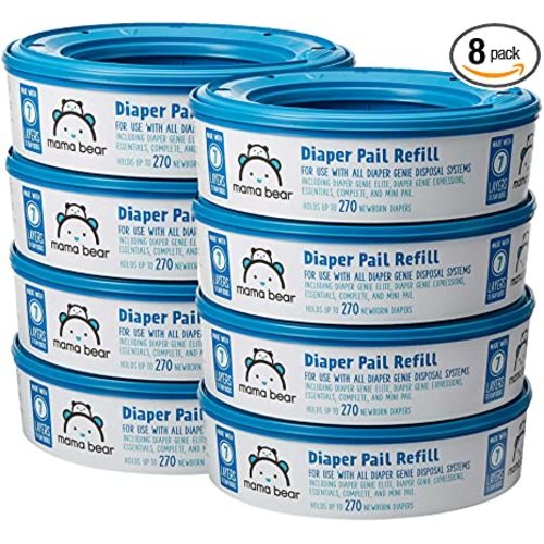 Amazon Brand - Mama Bear Diaper Pail Refills for Diaper Genie Pails, 270 Count (Pack of 8) - Diaper Pail Refills Only