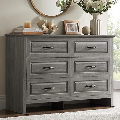 Amada Farmhouse 6 Drawer Dresser for Bedroom, 47.2 Inch Wide Wood Dresser with Natural Texture, Large Drawers, Rustic Farmhouse Chest of Drawers for Bedroom, Living Room, Hallway, Gray