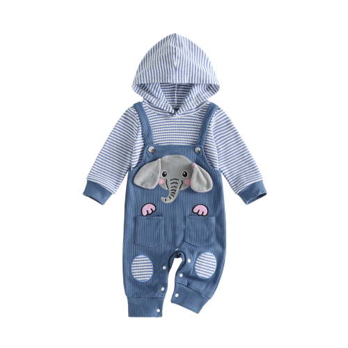 RUINIXCW Newborn Baby Boy Spring Fall Winter Clothes Infant Boy Striped Hood Romper False Two-Piece Outfit Elephant Embroidery Long Sleeve Jumpsuit