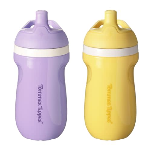 Tommee Tippee Insulated 9oz Sporty Spout Toddler Water Bottle, No Spill, Sippy Cups for Toddlers 1-3, Two-Piece Valve Helps Stop Spills, Yellow & Purple, BPA Free, Pack of 2