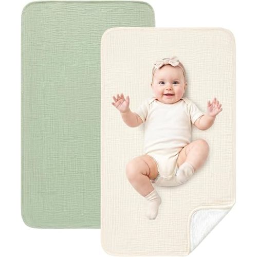 Eterish 2 Pack Waterproof Muslin Cotton Portable Changing Pad 30"x 17", Soft & Foldable Changing Pad Liner with Terry Backing, Travel Baby Changing Mat for Newborn Girls Boys