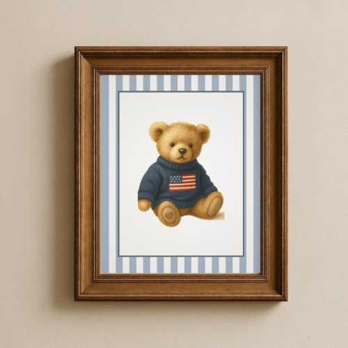 American flag sweater bear wall art, Preppy Boy Nursery Wall Art | Vintage Teddy Bear, American Flag | 8x10